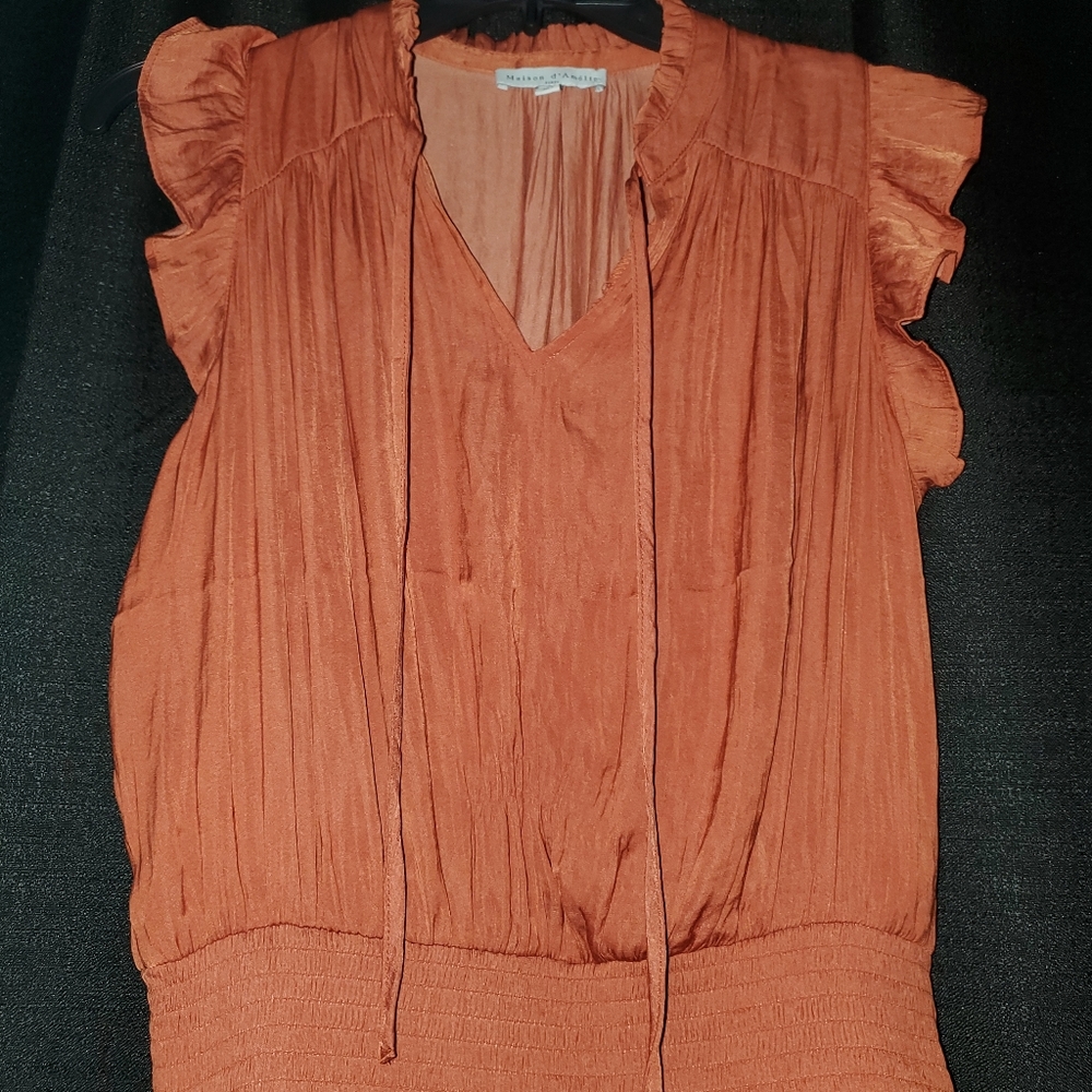 Orange Sleeveless Ruffled Shirt Maison d'Amelie Paris Blouse SZ SMALL